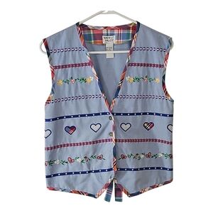 Vintage Napa Valley Women’s Vest – Hearts & Flowers, Plaid Trim, Medium